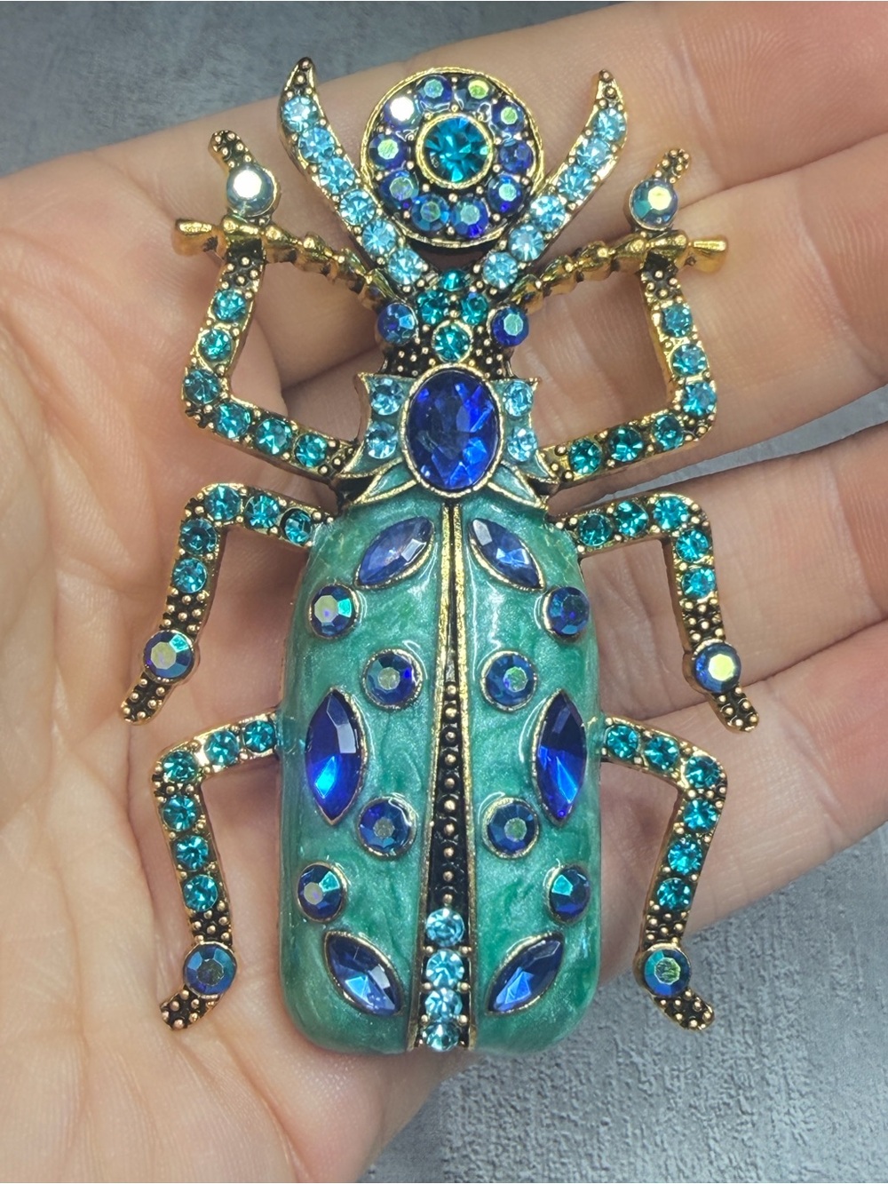 Beetle Brooch Turquoise Enamel Rhinestones Modern Pin 3 inches